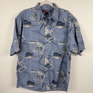 Reel Legends Mens XL Blue Fishing Graphic Short Sleeve Button Down Shirt Cotton